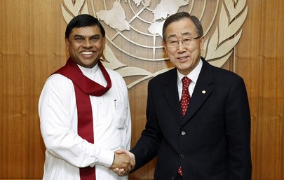  UN's Ban and Basil Rajapaksa in January 2009, aftermath not shown