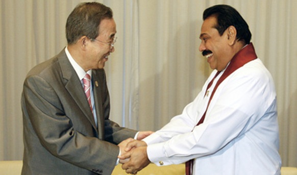  UN's Ban appears to congratulate M. Rahapaksa, July 2009, after bloodbath on the beach