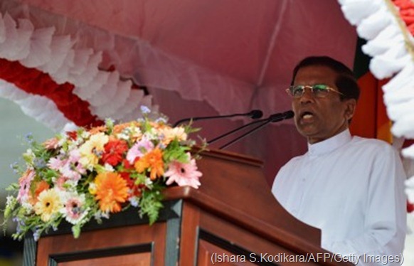 Sri Lankan President Maithripala Sirisena speaks outside of the Buddhist Temple of Tooth in the central town of Kandy on January 11, 2015. (Ishara S.Kodikara/AFP/Getty Images) 