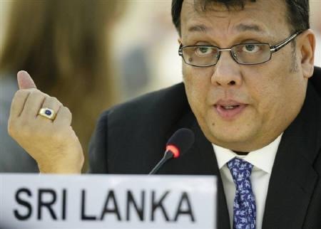 Mahinda Samarasinghe, Sri Lanka's Minister of Disaster Management and Human Rights, addresses the Human Rights Council at the United Nations European headquarters in Geneva September 14, 2009.