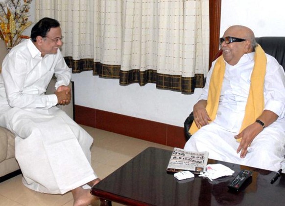 Union Home Minister P. Chidambaram meets Tamil Nadu Chief Minister M. Karunanidhi at his residence on Sunday. Photo Courtesy : DIPR 