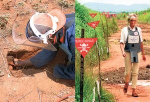 Mine clearance work, left, in western Angola, which stands to lose most from the cuts; Princess Diana at work with the Halo Trust in Angola in 1997