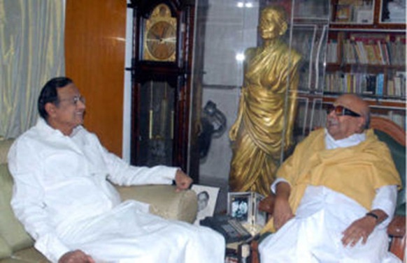  Union Home Minister P. Chidambaram with Chief Minister M. Karunanidhi at the latter's Gopalapuram residence in Chennai on Saturday.