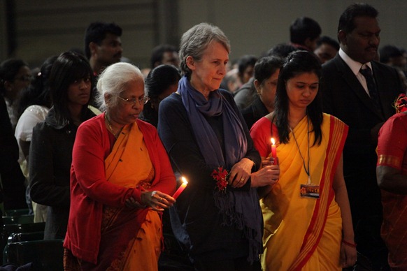 Mrs Adele Balasingham paying homage to the fallen heroes at the UK event