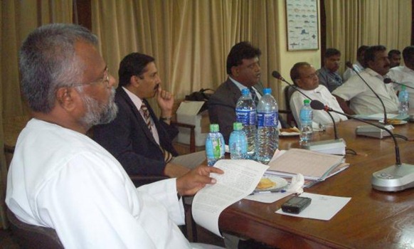 Sri Lankan Minister Douglas Devananda, along with officials of the Indian High Commission at the meeting between Tamil Nadu fishermen and Sri Lankan Tamil fishermen at Colombo on Tuesday. Photo R.K.Radhakrishnan 