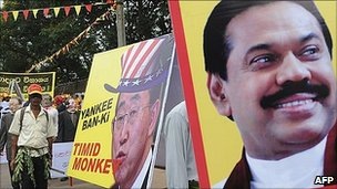 Supporters carried placards praising President Rajapaksa, right, but denouncing the UN