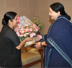  COURTESY CALL:BJP leader Sushma Swaraj greeting Chief Minister Jayalalithaa in Chennai on Saturday.  