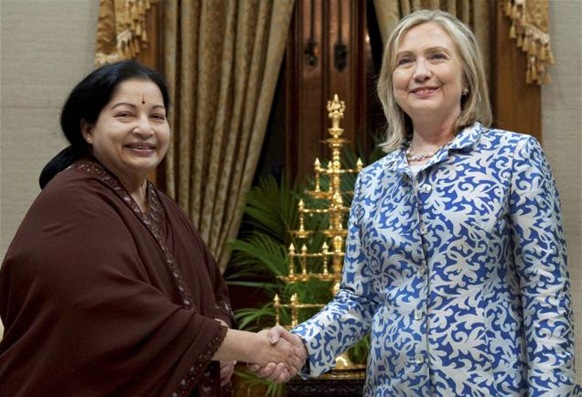 PTI Tamil Nadu Chief Minister J. Jayalalithaa greets U.S. Secretary of State Hillary Rodham Clinton during their meeting in Chennai on Wednesday. 