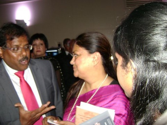 Former Rajasthan CM Vasundhara Raje Scindia [right] discussing with S. Pathmanathan of the BTF