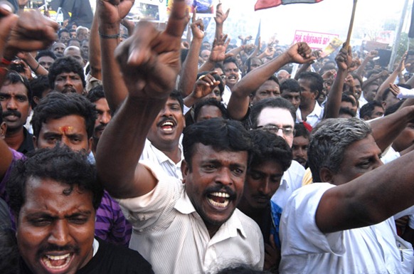 Tamil protesters in India have called for Sri Lankan President Mahinda Rajapaksa to be hanged following the final offensive in the island's war - but demonstrators have been labelled as terrorists by authorities [EPA] 