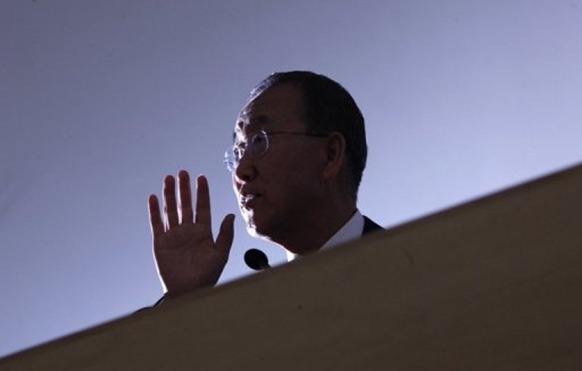 UN Secretary General Ban Ki-Moon, seen here delivering a public address during his visit to Auckland, on September 6 (AFP File, Amos Chapple)