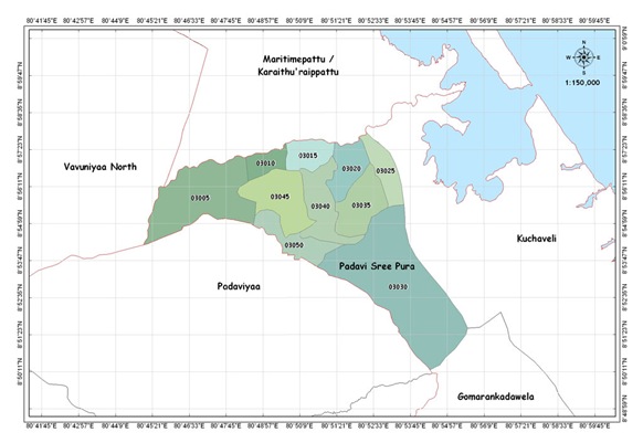 Karaithu'raippattu division in the Mullaiththeevu district of the Northern Province, Padavi Sri Pura and Kuchchave'li divisions in the Trincomalee district of the Eastern Province and Padavia division of the North Central Province.