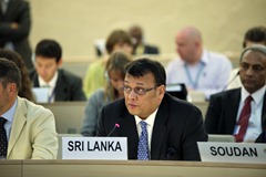 Mahinda Buddhadasa Samarasinghe, Cabinet Minister of Disaster Management and Human Rights of the Democratic Socialist Republic of Sri Lanka, addresses the 12th Session of the Human Rights Council in Geneva, Switzerland.