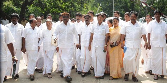 The Hindu DMDK chief Vijayakant and party MLAs coming out of Raj Bhavan after meeting Governor K. Rosaiah on Saturday. Photo: Special Arrangement