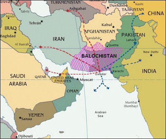 The map shows the demography of Baloch nation in the province of Balochistan now in Pakistan, as well as in Iran and Afghanistan. The map also shows the communication and pipeline potentialities of the country with China, Central Asia, West Asia and with the Arabian Sea. Instead of the route to China, shown in the map, China on its own now works on a shorter route through Quetta to Karakoram and then to China.