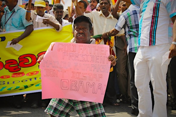 Image courtesy Vikalpa from rally held in Colombo on Monday, 27th February. Unclear what the poster means, but the general thrust of it seems to gel with Chaminda’s submission.