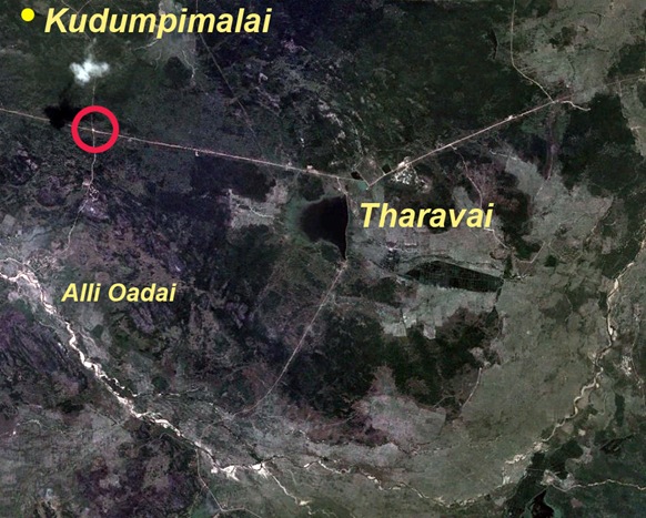 Shown within the red circle is the Alli Oadai junction where 5 acres of land has been appropriated to construct a Buddhist stupa. Local people are prohibited from going to that area and beyond it to Kudumpimalai