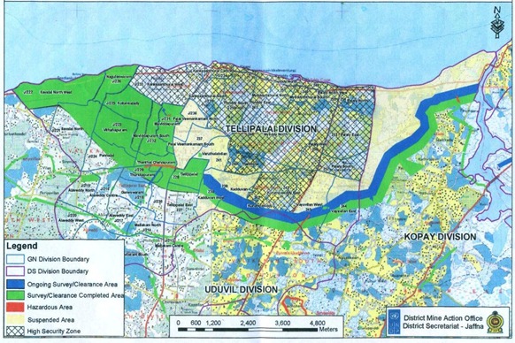 A map revealing the status of mine clearing within the High Security Zone obtained by TamilNet in December 2010