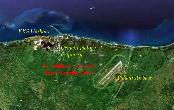 The Sri Lankan military occupied High Security Zone (HSZ) along the northern coast of Jaffna peninsula, that evicted a large number of Tamil civilians from their homes for two decades now [Satellite image courtesy: Google Earth]