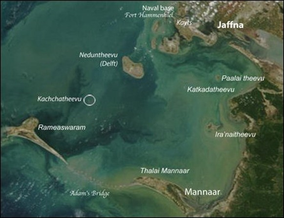 Satellite image showing the location of Kachchatheevu [Image courtesy: NASA, Visible Earth, Legend by TamilNet]