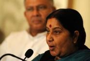 Indian Opposition Leader Sushma Swaraj speaks in Colombo (AFP, Ishara S.Kodikara)