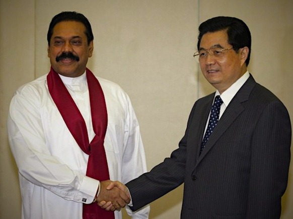 China’s President Hu Jintao shakes hands with Sri Lanka’s President Mahinda Rajapaksa in Sanya, Hainan province, April 10, 2008. Image by Reuters, courtesy Transcurrents.