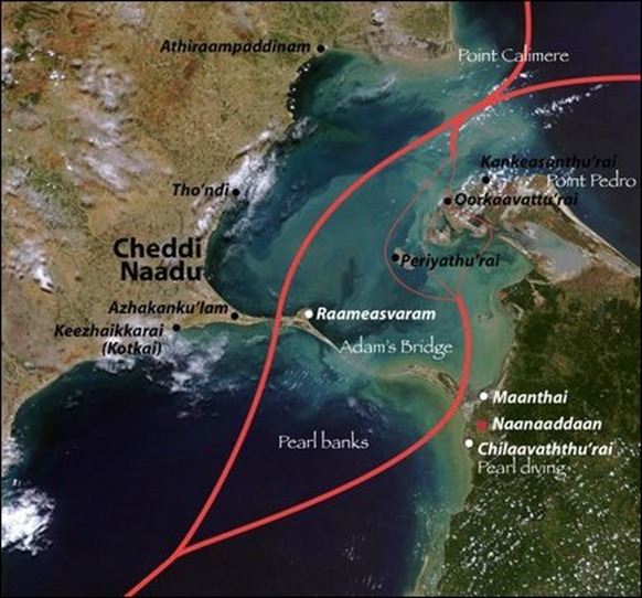 Trans-oceanic trade routes of the past. [Satellite photo by NASA, Visible Earth, Legend by TamilNet]