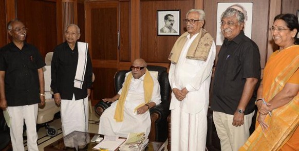 RESURRECTING A CAUSE: DMK president M. Karunanidhi with Dravida Kazhagam chief K. Veeramani, Dravida Tamil Peravai leader Suba Veerapandian and DMK leaders K. Anbazhagan and Subbulakshmi Jagadeesan in Chennai on Monday. Photo: K.V. SRINIVASAN 