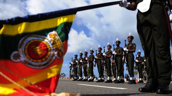 Sri Lankan Army soldiers march during a Victory Day parade rehearsal in Colombo on May 16, 2012. Sri Lanka celebrates War Heroes Week with a military parade scheduled for May 19. PHOTO/ AFP, text courtesy Haveeru Online