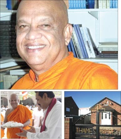 The former “Venerable” Pahalegama Somaratana, The monk with Mahinda Rajapaksa and The Thames Buddhist Vihara