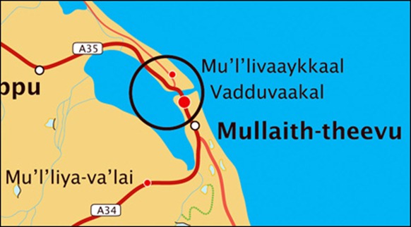 Vadduvaakal located at the entrance to the genocidal field of Mu'l'livaaykkaal [Map by TamilNet]