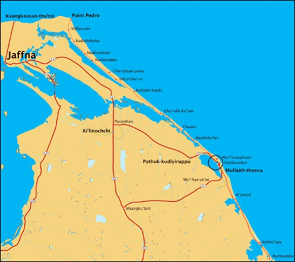 The  Chinese built road from Pulmoaddai to Mu'l'livaaykkaal which will be extended to Point Pedro. Click to enlarge. [Map by TamilNet]