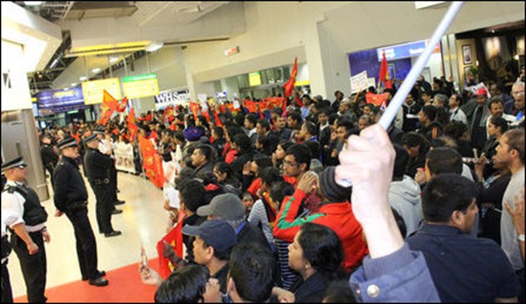 Eezham Tamil protesters thronged the Terminal 4 of the Heatrow airport Sunday evening