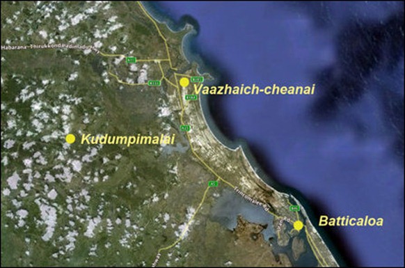 The location of Kudumpimalai (Barren's Cap) from Batticaloa and Vaazhaich-cheanai
