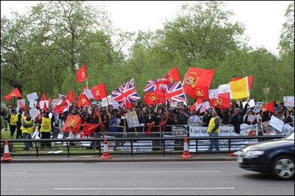 Tamil demonstrators outside the Park Lane Hilton Hotel on Monday