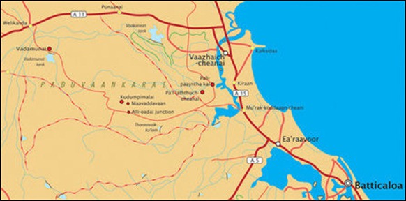 The location of newly established checkpoints of the Sri Lanka Army at Allai-oadai and Maavaddavaan junction [Photo: TamilNet]