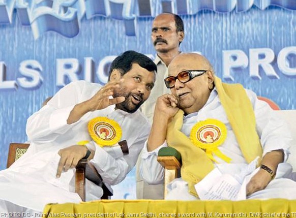 Ram Vilas Paswan, president of Lok Jana Sakthi, shares a word with M. Karunanidhi, DMK chief at the TESO conference in Chennai on Sunday. The meet got up to discuss the plight of Tamils in Sri Lanka, and demanded the immediate intervention of the UN on the issue of their rights and rehabilitation. - DC