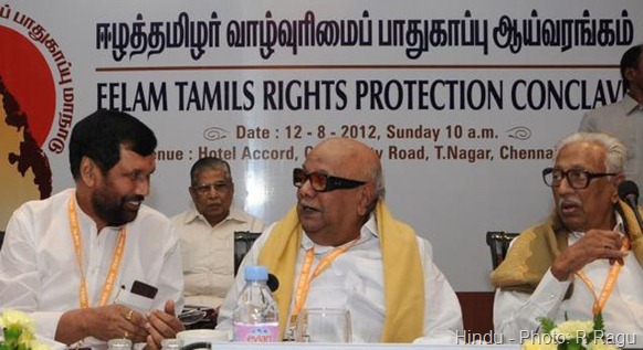 DMK president M. Karunanidhi with Ram Vilas Paswan and DMK general secretary K. Anbazhagan at the TESO Conference in Chennai recently. Photo: R Ragu 