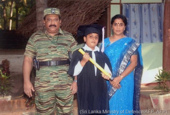 Picture said to show Velupillai Prabhakaran (left), wife Mathivathani and their son Balachandran at an undisclosed place (Sri Lanka Ministry of Defence/AFP, AFP)