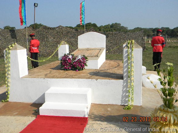 New sources in Jaffna say that the memorial was 'discovered' along the border of the Sinhala Military Zone (SMZ). The low resolution photos released by the Indian consulate are not clear on the background of the locality. Something screens the background. [Photo: Consulate General of India, Jaffna]