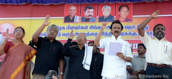 FOR A CAUSE: (From right) Thol Thirumavalavan, leader, VCK, M.K.Stalin, treasurer, DMK, K.Veeramani, leader, Dravidar Kazhagam, Suba Veerapandian, Subbulakshmi Jagadeesan, former union minister, at the demonstration organised by TESO in Nagapattinam on Tuesday. Photo: B.Velankanni Raj 