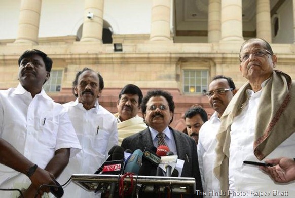 The HIndu Tamil Nadu Congress MPs at the Parliament House while Union Minister for Home, Sushil Kumar Shinde was giving his statement in Lok Sabha and Rajya Sabha on Hyderabad Bomb Blast case at Parliament House in New Delhi. Photo: Rajeev Bhatt 