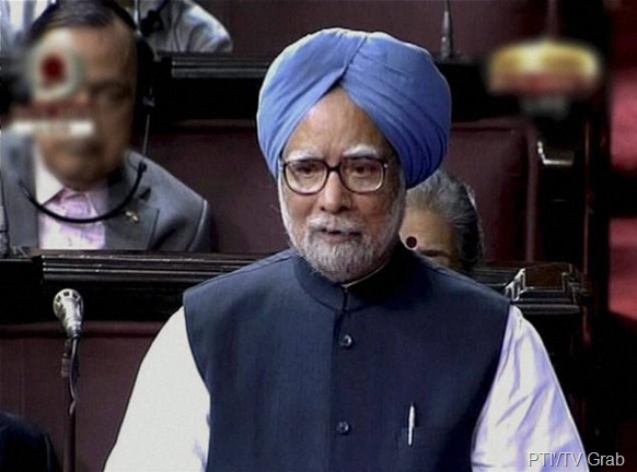 PTI'/TV Grab Prime Minister Manmohan Singh speaks in the Rajya Sabha in New Delhi on Friday. 