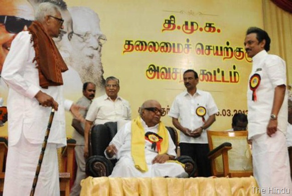 The Hindu DMK president M. Karunanidhi with party General Secretary K. Anbazhagan and Treasurer M.K. Stalin at the Working Comittee Meeting in Chennai on Monday. Photo: R. Ragu 