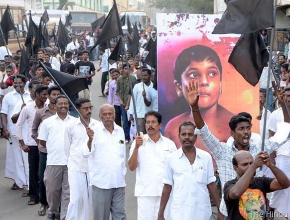 The Hindu Widespread protests across Tamil Nadu for over a month have called for action against Sri Lanka for alleged war crimes and atrocities against Tamils during the Eelam war.Photograph shows a rally in Thanjavur. Photo: B Velankanni Raj 