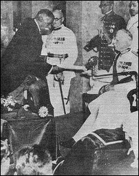 Lord Soulbury and DS Senanayake inauguarating the first Parliament of the so-called independent Ceylon