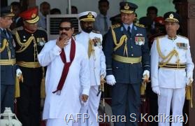 Mahinda Rajapakse (3rd left) joins military commanders for the Victory Day parade in Colombo, on May 18, 2013 (AFP, Ishara S.Kodikara)