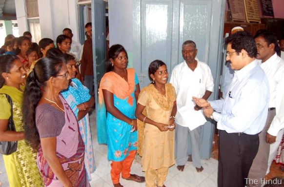 THE HINDU B.Anand, Commissioner for Rehabilitation interacting with Sri Lankan Tamil refugees at the Mandapam camp office in Ramanathapuram district, Tamilnadu on April 9, 2013. Photo:L_Balachandar 