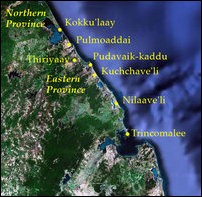 The Eastern coast from Kokku'laay to Trincomalee [Satellite Image courtesy: Google Earth. Legend by TamilNet]