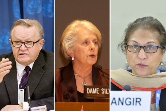 Former Finnish President and Nobel Peace Prize laureate Martti Ahtisaari, former Governor-General and High Court judge of New Zealand Silvia Cartwright (center) and former President of Pakistan’s Human Rights Commission Asma Jahangir (right ). UN Photos/Stephenie Hollyman, Mark Garten, Jean-Marc Ferre.